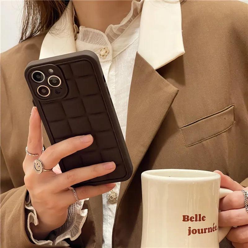 Brown 3D Square Cube Plating Cute Phone Cases For iPhone 14 13 12 11 Pro Max XS X XR 14 Plus - Touchy Style .