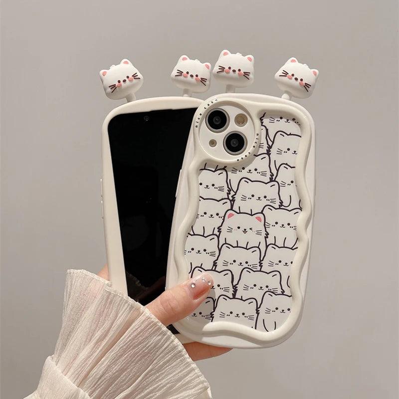 Cartoon 3D Cat Curve Bumper Cute Phone Case Cover for iPhone 11, 12, 13, 14, 15 Pro Max - Touchy Style .