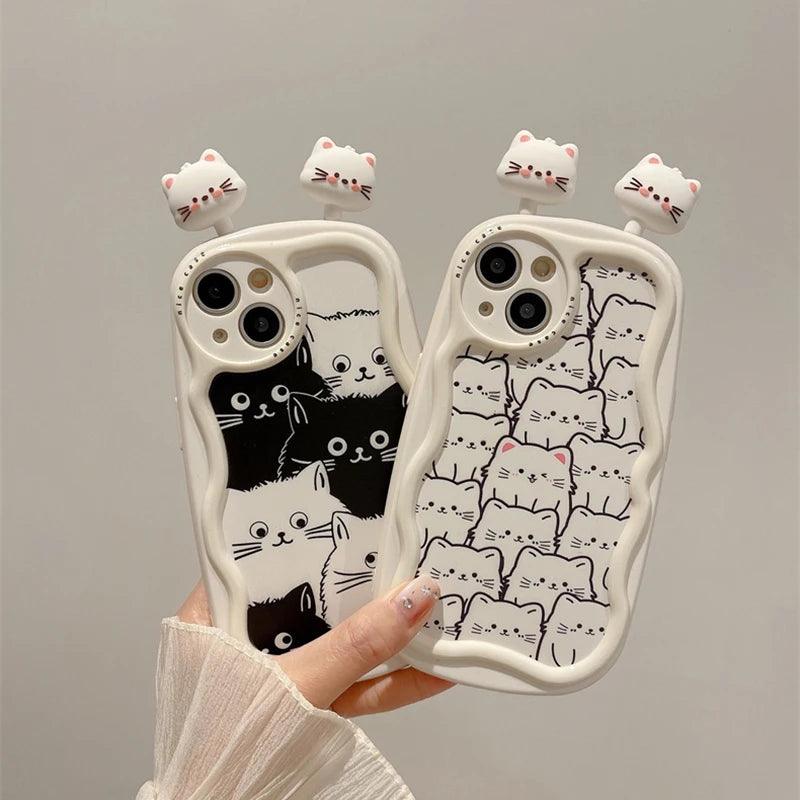 Cartoon 3D Cat Curve Bumper Cute Phone Case Cover for iPhone 11, 12, 13, 14, 15 Pro Max - Touchy Style .