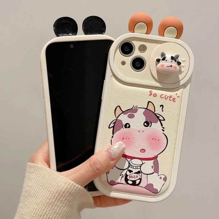 Cartoon 3D Ears Panda Cow Cute Phone Case For iPhone 11, 12, 13, 14, 15 Pro Max - Touchy Style .