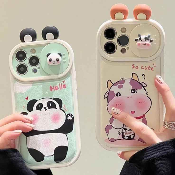 Cartoon 3D Ears Panda Cow Cute Phone Case For iPhone 11, 12, 13, 14, 15 Pro Max - Touchy Style .