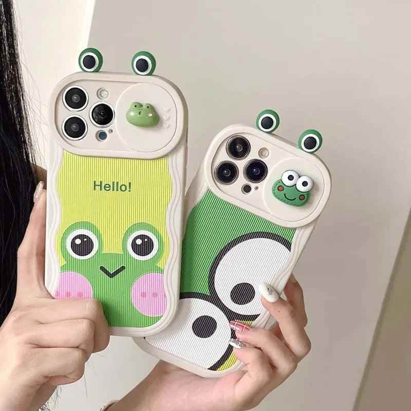 Cartoon 3D Smiley Frog - Cute Phone Cases For iPhone 15 14 Pro Max 13 12 11 14 Plus - Slide Camera Lens Cover - Touchy Style