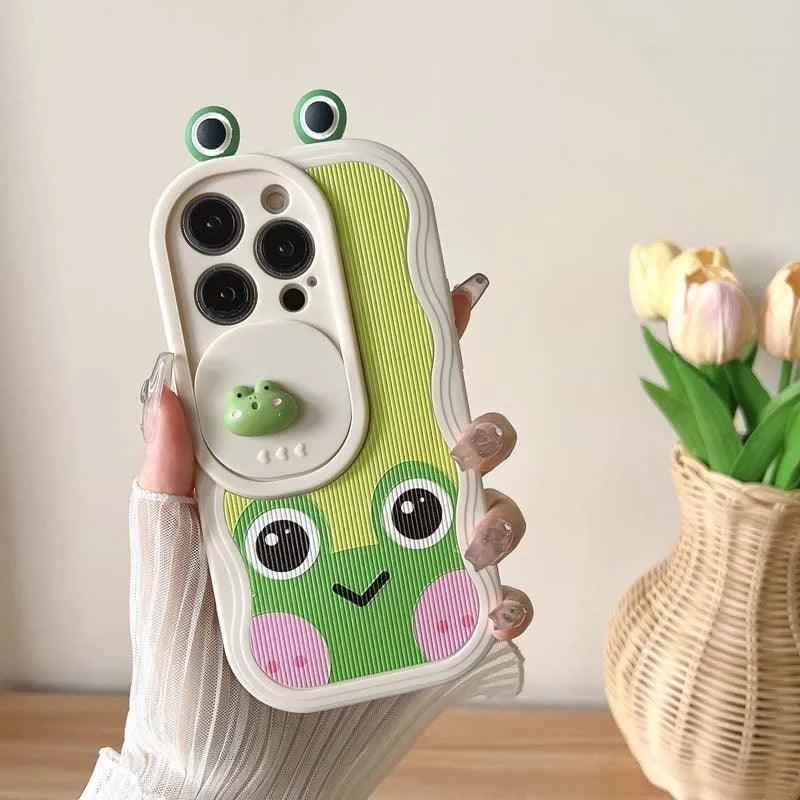 Cartoon 3D Smiley Frog - Cute Phone Cases For iPhone 15 14 Pro Max 13 12 11 14 Plus - Slide Camera Lens Cover - Touchy Style