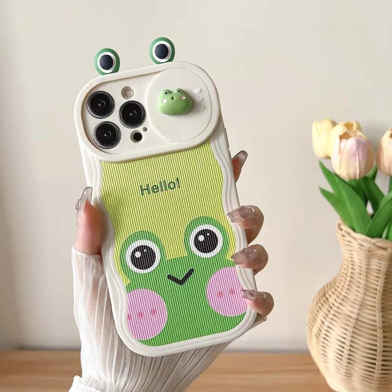 Cartoon 3D Smiley Frog - Cute Phone Cases For iPhone 15 14 Pro Max 13 12 11 14 Plus - Slide Camera Lens Cover - Touchy Style