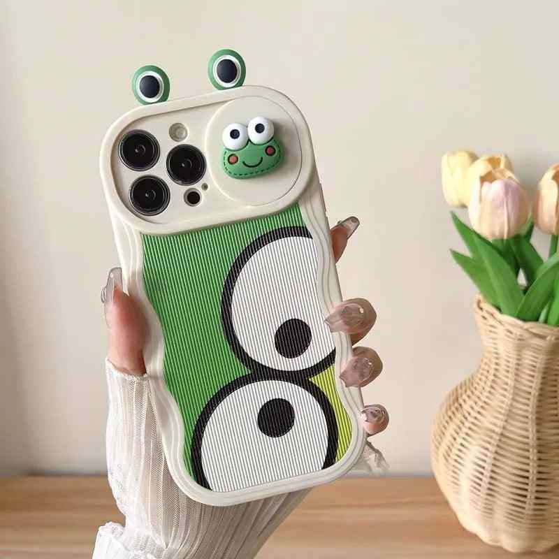 Cartoon 3D Smiley Frog - Cute Phone Cases For iPhone 15 14 Pro Max 13 12 11 14 Plus - Slide Camera Lens Cover - Touchy Style