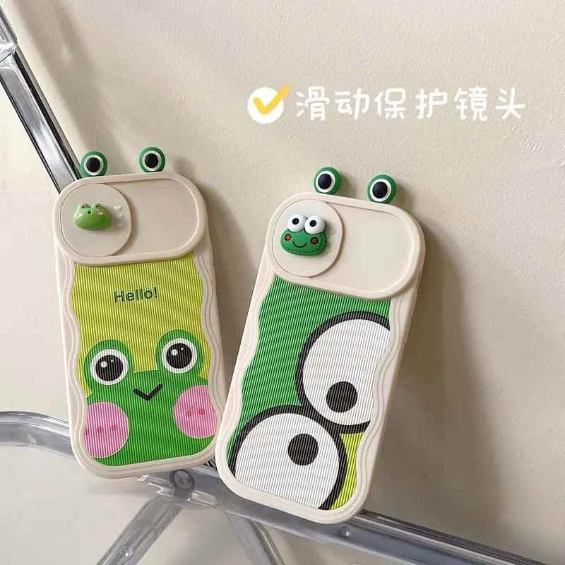 Cartoon 3D Smiley Frog - Cute Phone Cases For iPhone 15 14 Pro Max 13 12 11 14 Plus - Slide Camera Lens Cover - Touchy Style