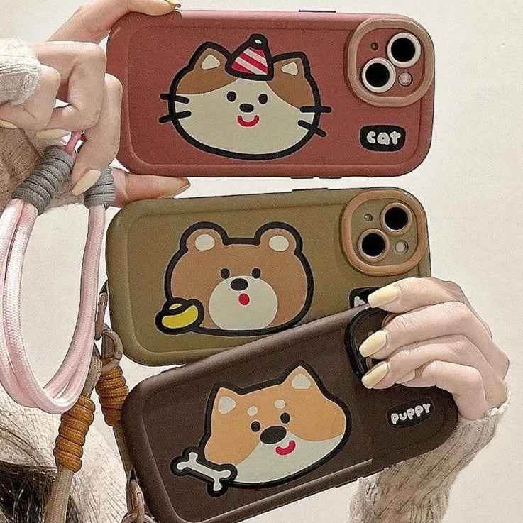 Cartoon Animal iPhone 15 Pro Max/14/13/11/12 Cute Phone Case with Portable Lanyard - Touchy Style .