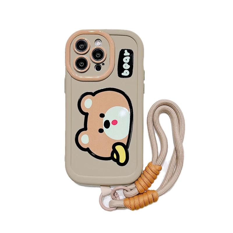 Cartoon Animal iPhone 15 Pro Max/14/13/11/12 Cute Phone Case with Portable Lanyard - Touchy Style .