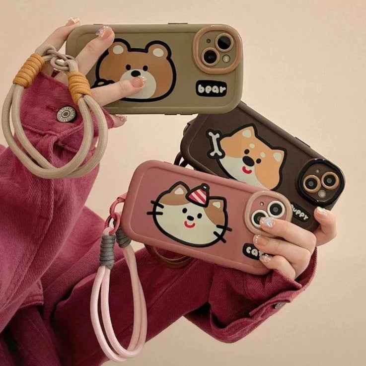 Cartoon Animal iPhone 15 Pro Max/14/13/11/12 Cute Phone Case with Portable Lanyard - Touchy Style