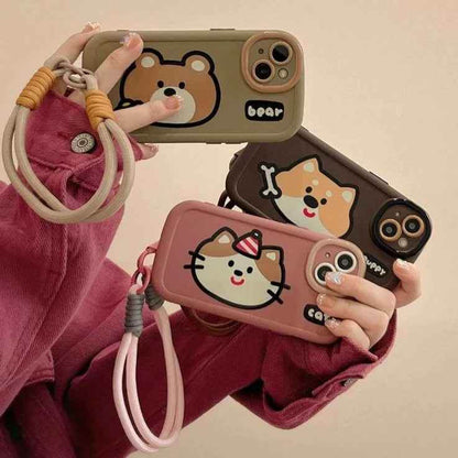 Cartoon Animal iPhone 15 Pro Max/14/13/11/12 Cute Phone Case with Portable Lanyard - Touchy Style .