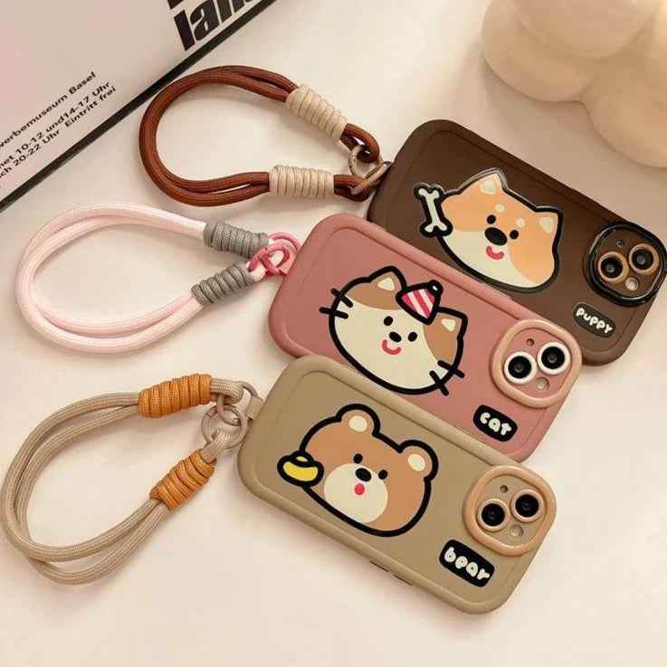 Cartoon Animal iPhone 15 Pro Max/14/13/11/12 Cute Phone Case with Portable Lanyard - Touchy Style .