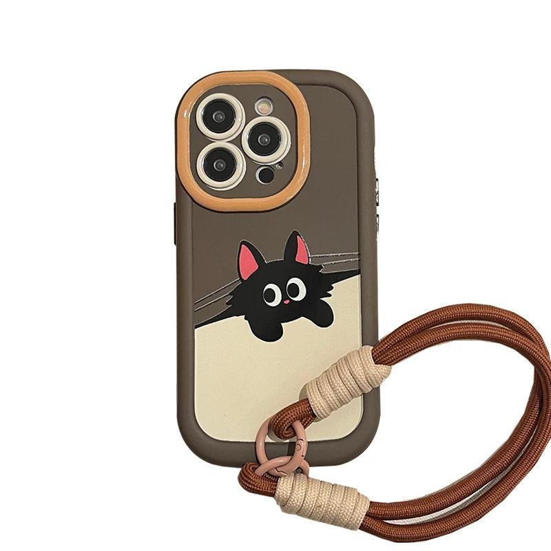 Cartoon Cat Puppy Cute Phone Case with Lanyard for iPhone 15 Pro Max, 14, 13, 11, 12 - Touchy Style .