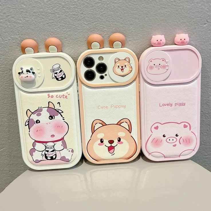 Cartoon Pink Pig, Puppy, Panda, and Cow Cute Phone Case For iPhone 15 Pro Max, 14, 13, 11, or 12 - Touchy Style .