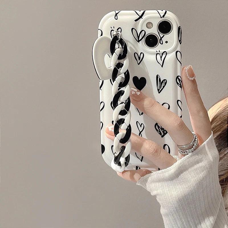 CCPC303 Cute Phone Case for iPhone 14, 13, 12 Pro Max, 11 XR, X, XS, 7, and 8 plus - Graffiti Simple Hearts Pattern with Bracelet - Touchy Style