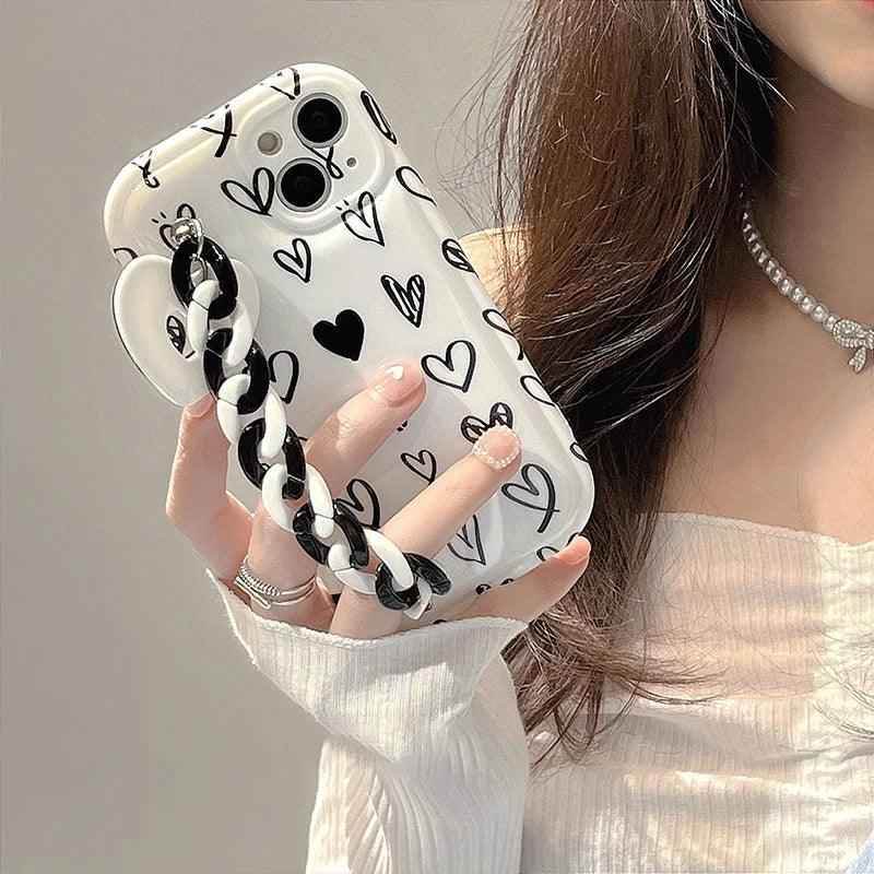 CCPC303 Cute Phone Case for iPhone 14, 13, 12 Pro Max, 11 XR, X, XS, 7, and 8 plus - Graffiti Simple Hearts Pattern with Bracelet - Touchy Style