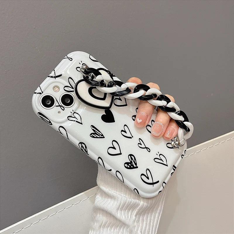 CCPC303 Cute Phone Case for iPhone 14, 13, 12 Pro Max, 11 XR, X, XS, 7, and 8 plus - Graffiti Simple Hearts Pattern with Bracelet - Touchy Style