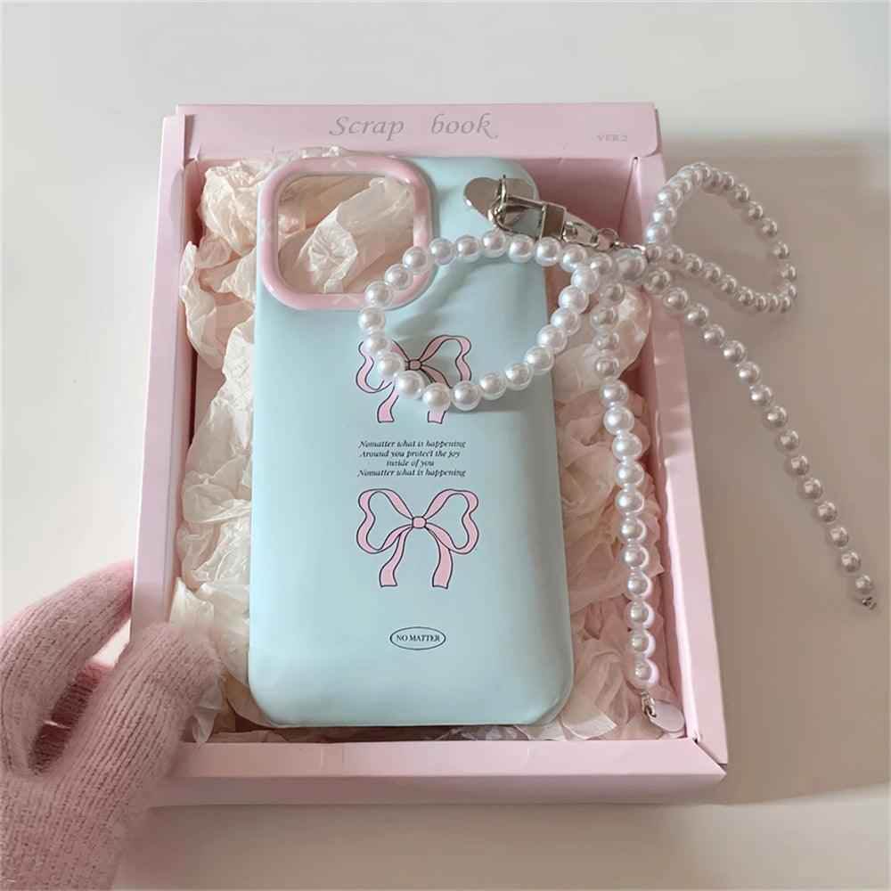 CCPC319 Cute Phone Case for iPhone 15, 14, 13, 12 Pro Max, 14, 15 Plus, 11 X, XR, and XS Max - With Bowknot Pearl Pendant - Touchy Style