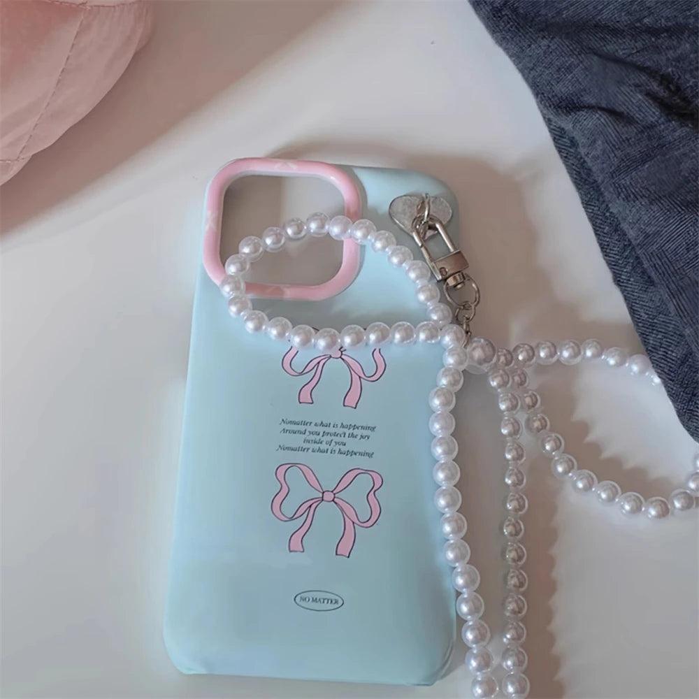 CCPC319 Cute Phone Case for iPhone 15, 14, 13, 12 Pro Max, 14, 15 Plus, 11 X, XR, and XS Max - With Bowknot Pearl Pendant - Touchy Style