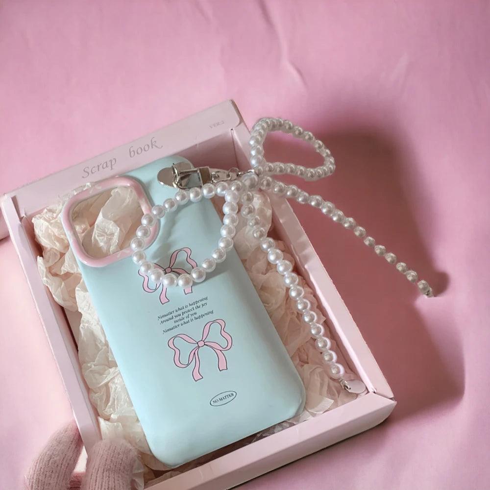 CCPC319 Cute Phone Case for iPhone 15, 14, 13, 12 Pro Max, 14, 15 Plus, 11 X, XR, and XS Max - With Bowknot Pearl Pendant - Touchy Style