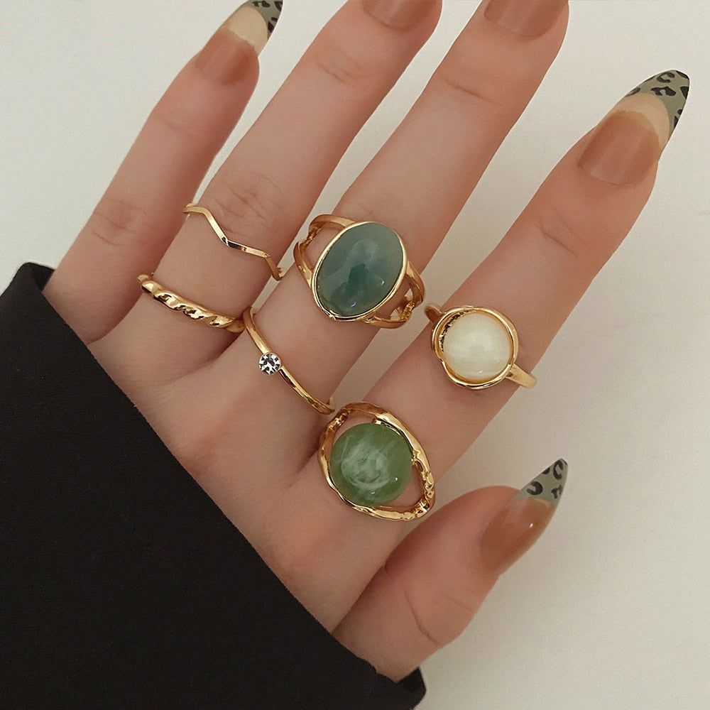 Charm Jewelry Set Vintage Geometric Acrylic Alloy Joint Ring Set Bohemian Metal Curved Finger Ring 2021 Fashion - Touchy Style .