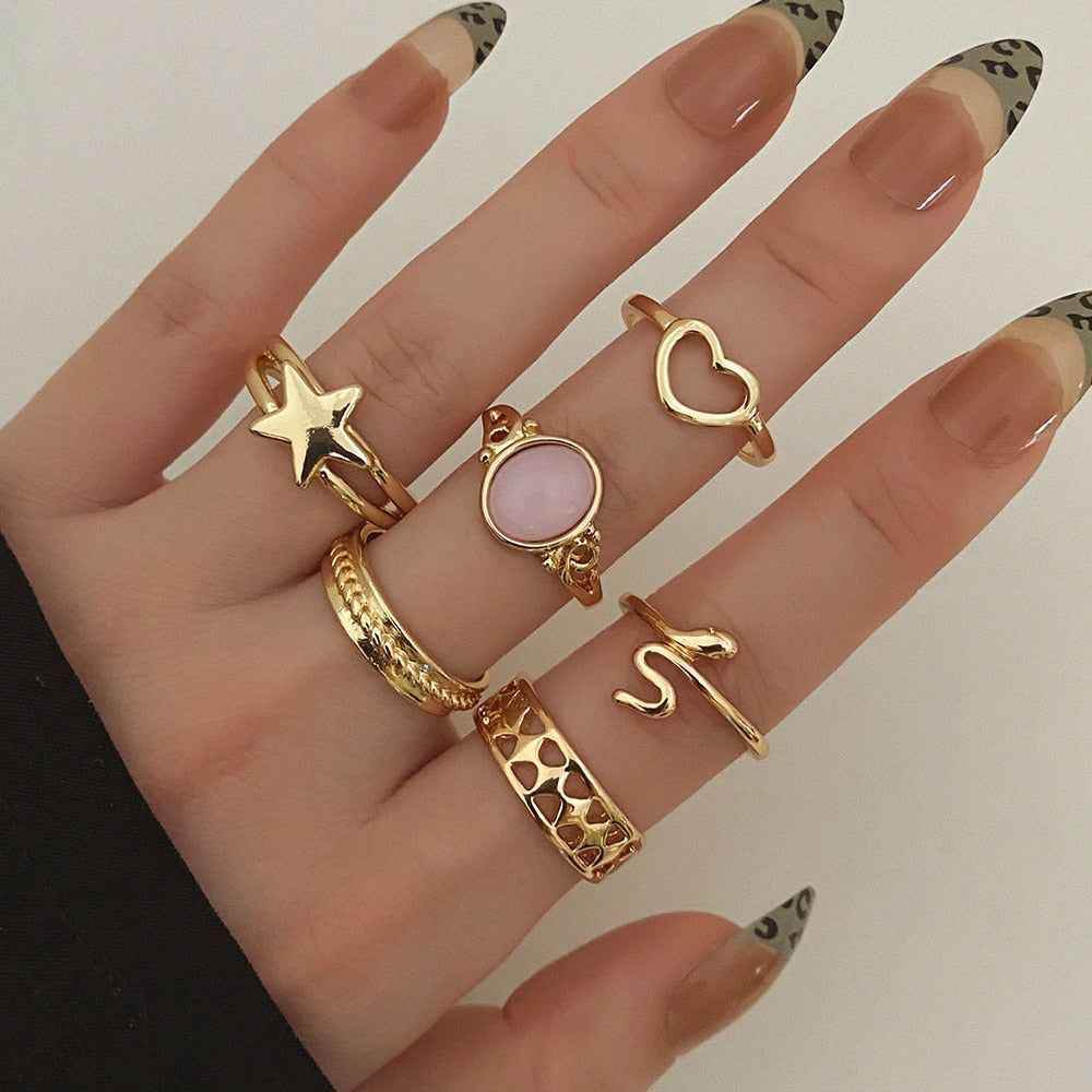 Charm Jewelry Set Vintage Geometric Acrylic Alloy Joint Ring Set Bohemian Metal Curved Finger Ring 2021 Fashion - Touchy Style
