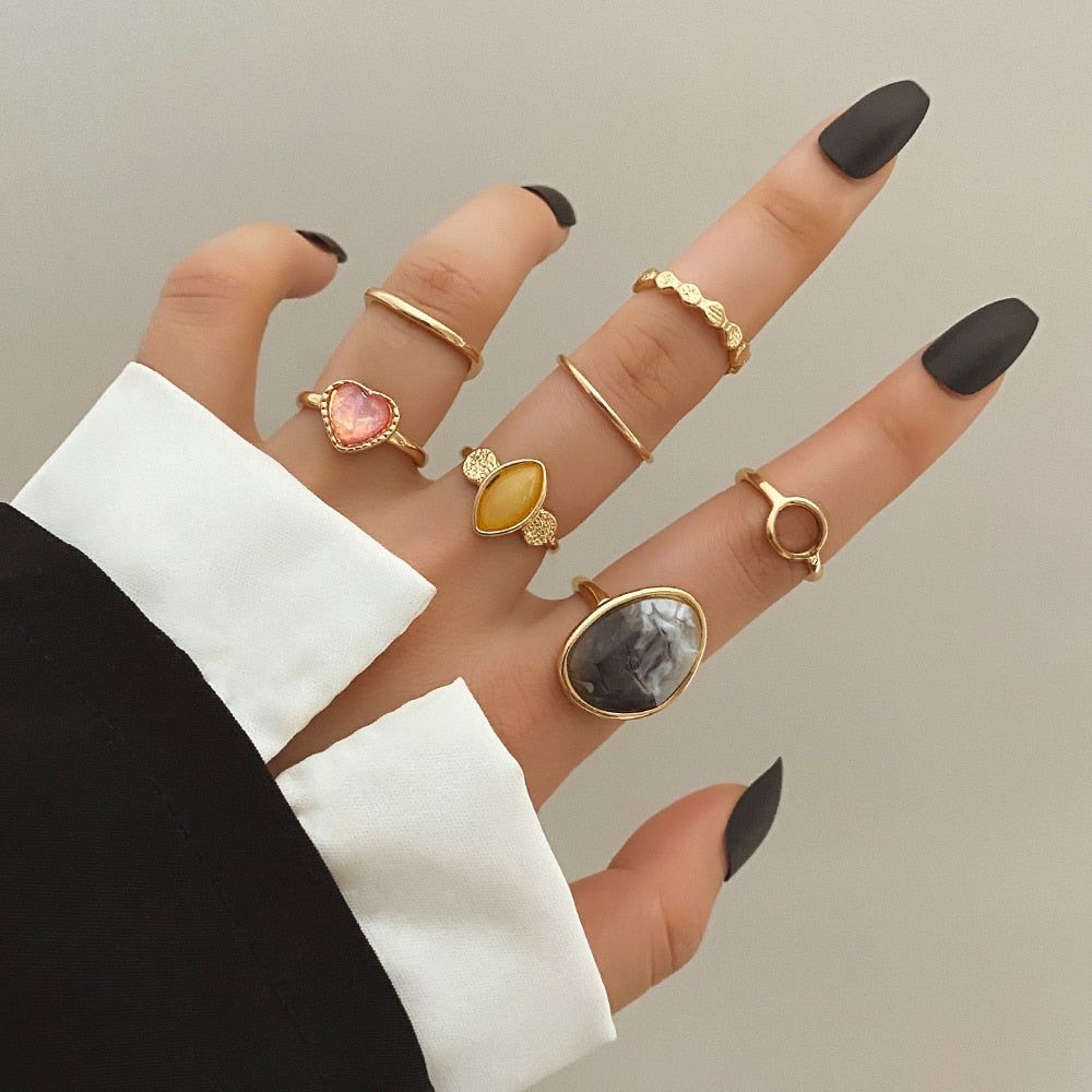 Charm Jewelry Set Vintage Geometric Acrylic Alloy Joint Ring Set Bohemian  Metal Curved Finger Ring 2021 Fashion | Touchy Style