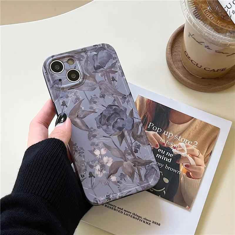 Charming Gray Flowers Oil Painting Cute Phone Cases For iPhone 12 Pro Max 13 11 14 And 14 Pro - Touchy Style .