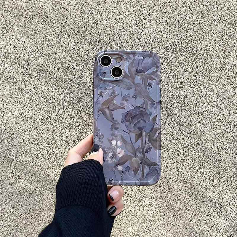 Charming Gray Flowers Oil Painting Cute Phone Cases For iPhone 12 Pro Max 13 11 14 And 14 Pro - Touchy Style .