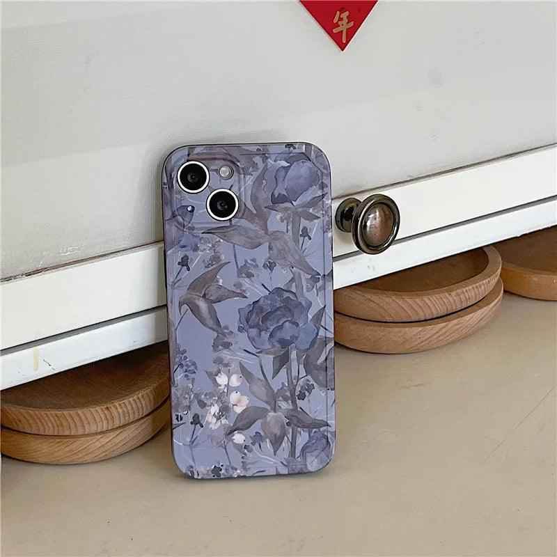 Charming Gray Flowers Oil Painting Cute Phone Cases For iPhone 12 Pro Max 13 11 14 And 14 Pro - Touchy Style .