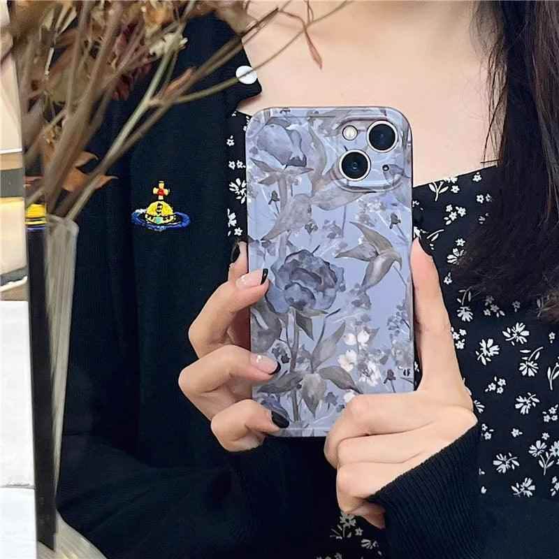 Charming Gray Flowers Oil Painting Cute Phone Cases For iPhone 12 Pro Max 13 11 14 And 14 Pro - Touchy Style .