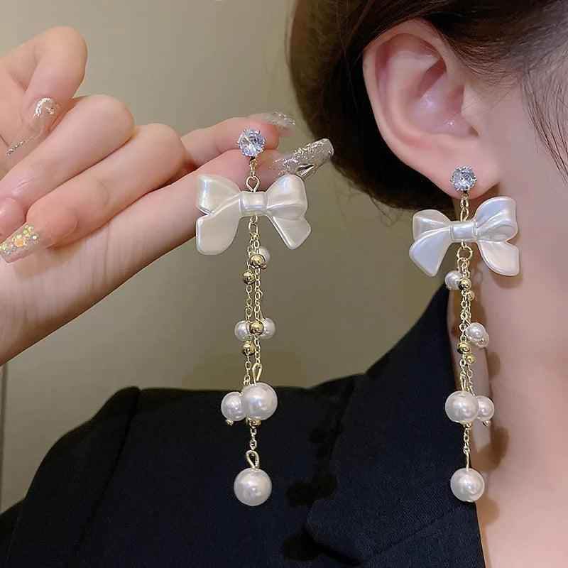 Charming RV128 Sweet Pearl Fresh Drop Earrings: Fashionable Bowknot Dangle Jewelry - Touchy Style