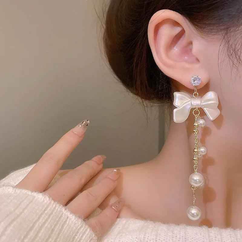 Charming RV128 Sweet Pearl Fresh Drop Earrings: Fashionable Bowknot Dangle Jewelry - Touchy Style