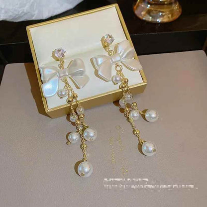 Charming RV128 Sweet Pearl Fresh Drop Earrings: Fashionable Bowknot Dangle Jewelry - Touchy Style