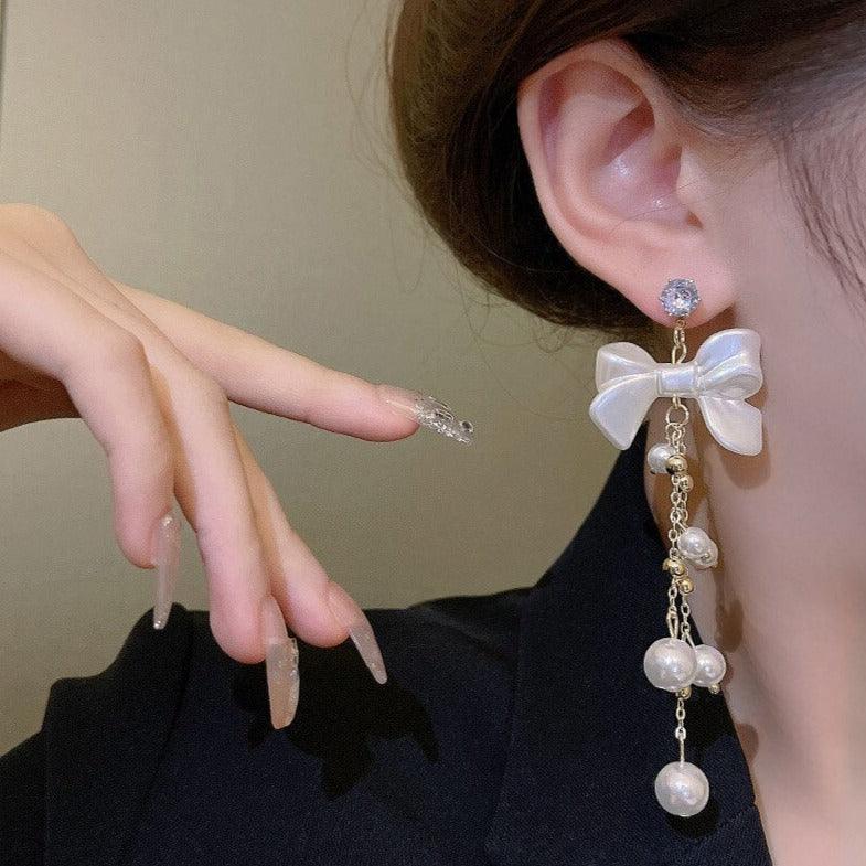 Charming RV128 Sweet Pearl Fresh Drop Earrings: Fashionable Bowknot Dangle Jewelry - Touchy Style .