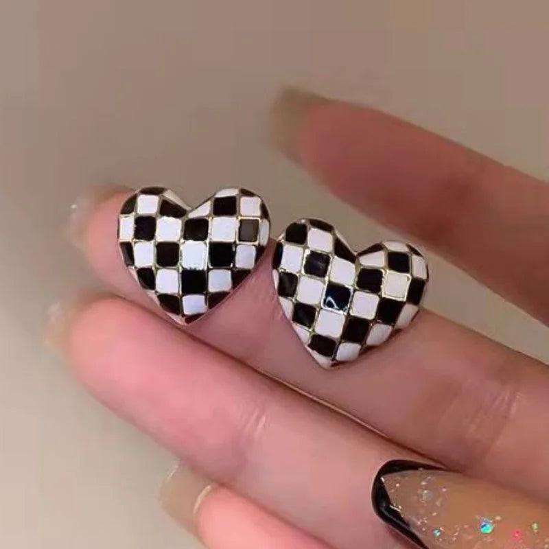 Chessboard Mini Heart Earrings Charm Jewelry XYS0233 Peach Fashion - Touchy Style