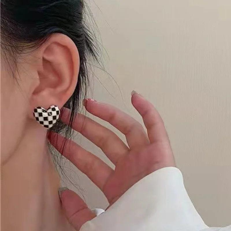 Chessboard Mini Heart Earrings Charm Jewelry XYS0233 Peach Fashion - Touchy Style