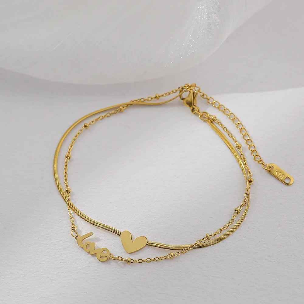 Classic Letter Heart-Shaped Double-Layer Titanium Steel Anklets Charm Jewelry ACJWY39 Korean Design - Touchy Style