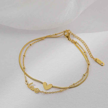 Classic Letter Heart-Shaped Double-Layer Titanium Steel Anklets Charm Jewelry ACJWY39 Korean Design - Touchy Style