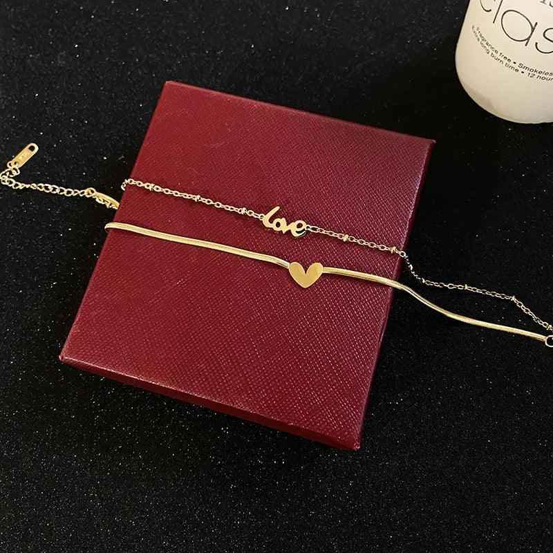 Classic Letter Heart-Shaped Double-Layer Titanium Steel Anklets Charm Jewelry ACJWY39 Korean Design - Touchy Style