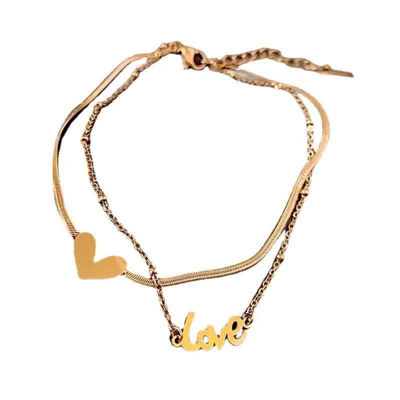 Classic Letter Heart-Shaped Double-Layer Titanium Steel Anklets Charm Jewelry ACJWY39 Korean Design - Touchy Style