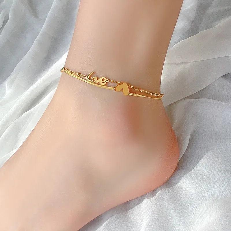Classic Letter Heart-Shaped Double-Layer Titanium Steel Anklets Charm Jewelry ACJWY39 Korean Design - Touchy Style .