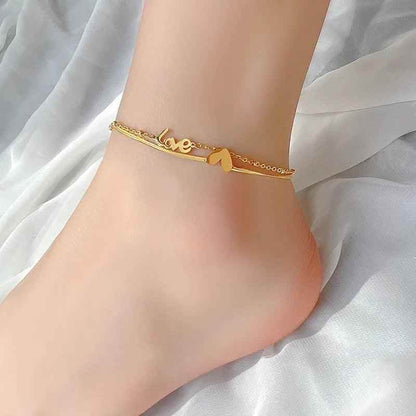Classic Letter Heart-Shaped Double-Layer Titanium Steel Anklets Charm Jewelry ACJWY39 Korean Design - Touchy Style
