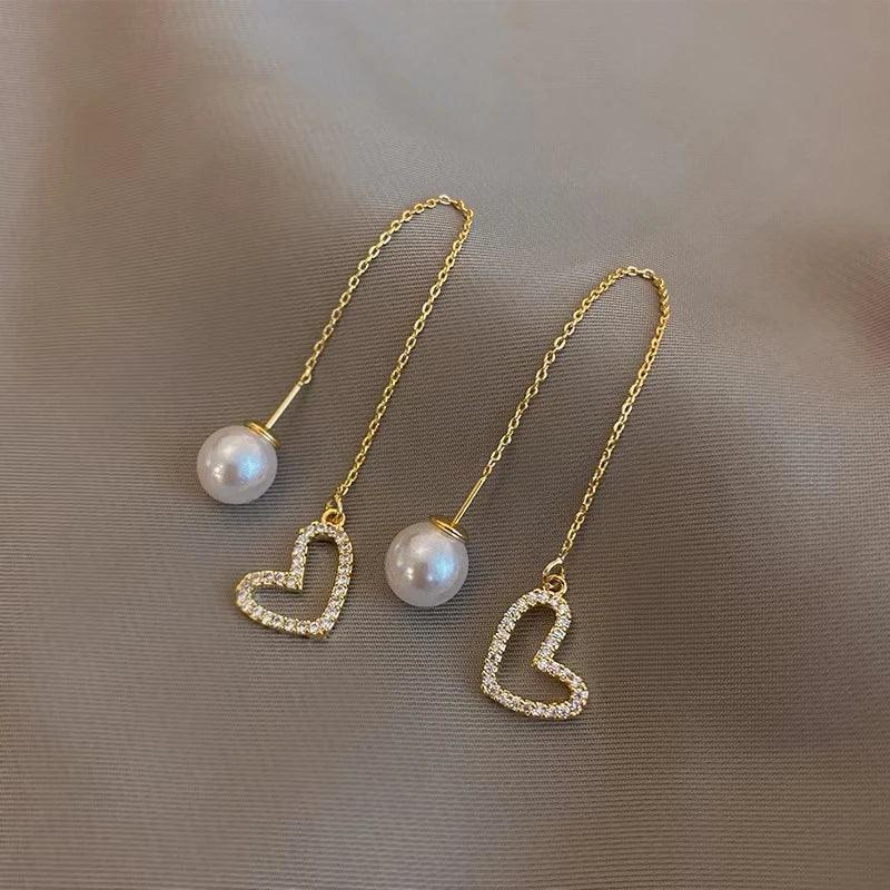 Classic Pearl Fashion Heart Long Earrings Charm Jewelry XYS0300 - Touchy Style