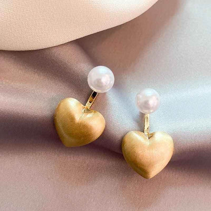 Contracted Metal Frosted Heart-shaped Pearl Stud Earrings Charm Jewelry RB256 - Touchy Style