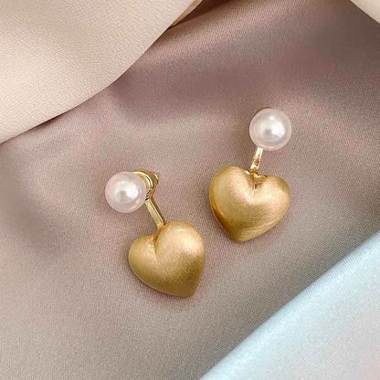 Contracted Metal Frosted Heart-shaped Pearl Stud Earrings Charm Jewelry RB256 - Touchy Style