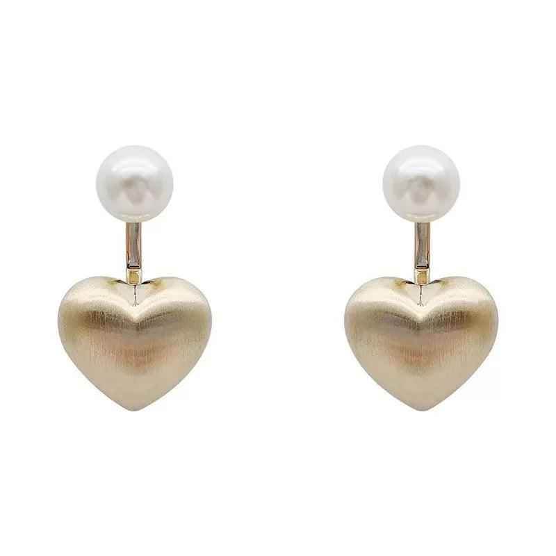 Contracted Metal Frosted Heart-shaped Pearl Stud Earrings Charm Jewelry RB256 - Touchy Style
