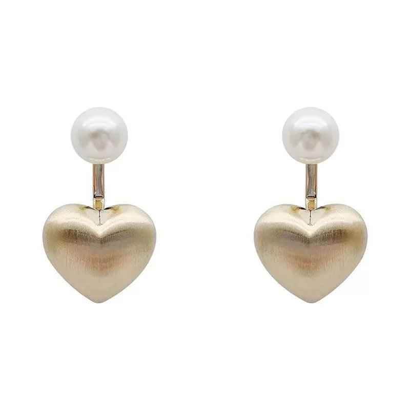 Contracted Metal Frosted Heart-shaped Pearl Stud Earrings Charm Jewelry RB256 - Touchy Style