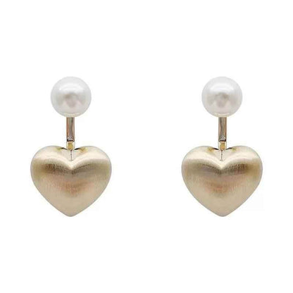 Contracted Metal Frosted Heart-shaped Pearl Stud Earrings Charm Jewelry RB256 - Touchy Style