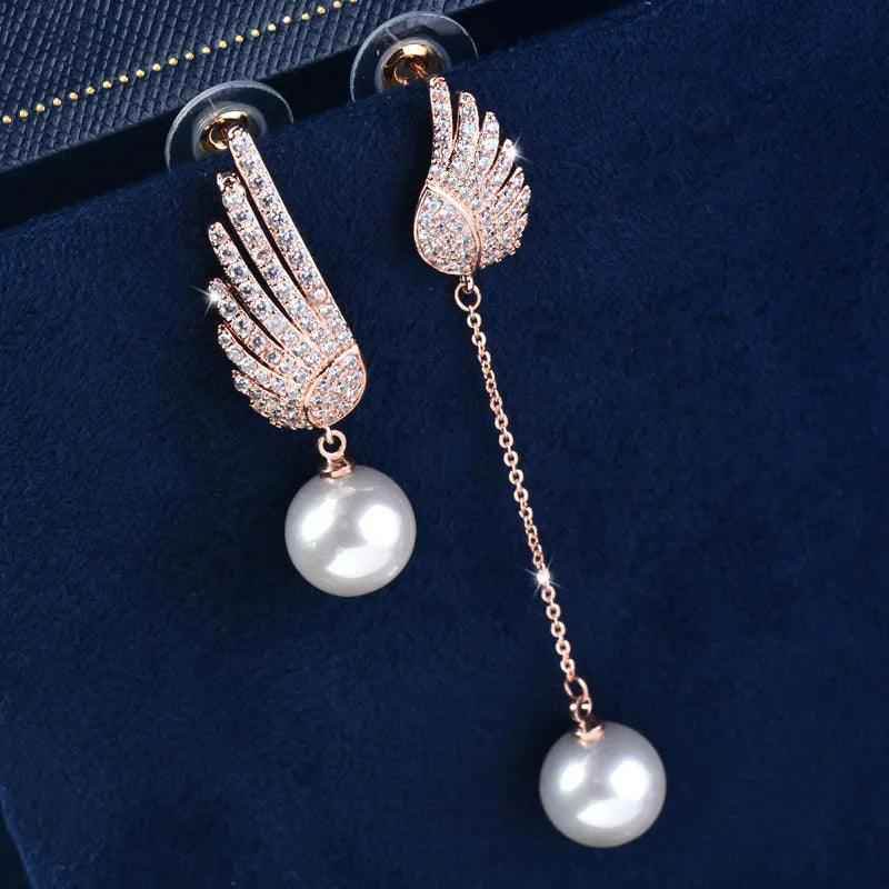 Crystal Angel Wing Pearl Long Earring Charm Jewelry - Touchy Style
