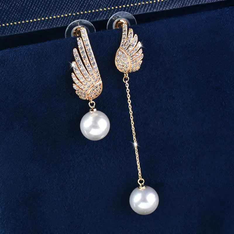 Crystal Angel Wing Pearl Long Earring Charm Jewelry - Touchy Style .